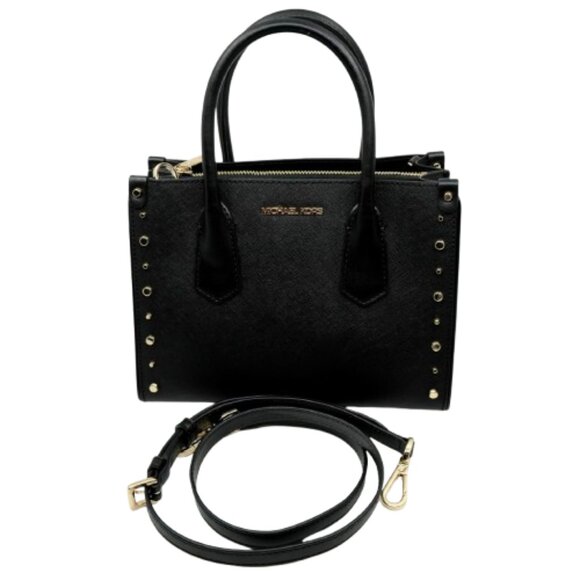 MICHAEL KORS~Mercer Studded Leather Crossbody~BLACK SAFFIANO GOLD STUDS BAG - Picture 1 of 6